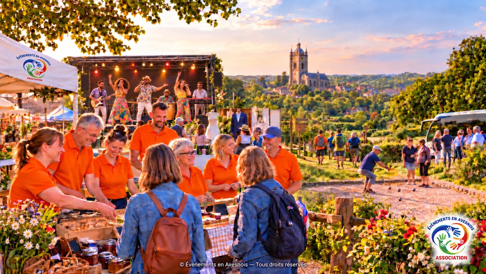 Composition illustrant les bénévoles en polos orange, le marché artisanal et gourmand, un concert, le salon du mariage, une randonnée, la pétanque, une sortie en bus, avec la collégiale d’Avesnes-sur-Helpe en arrière-plan.